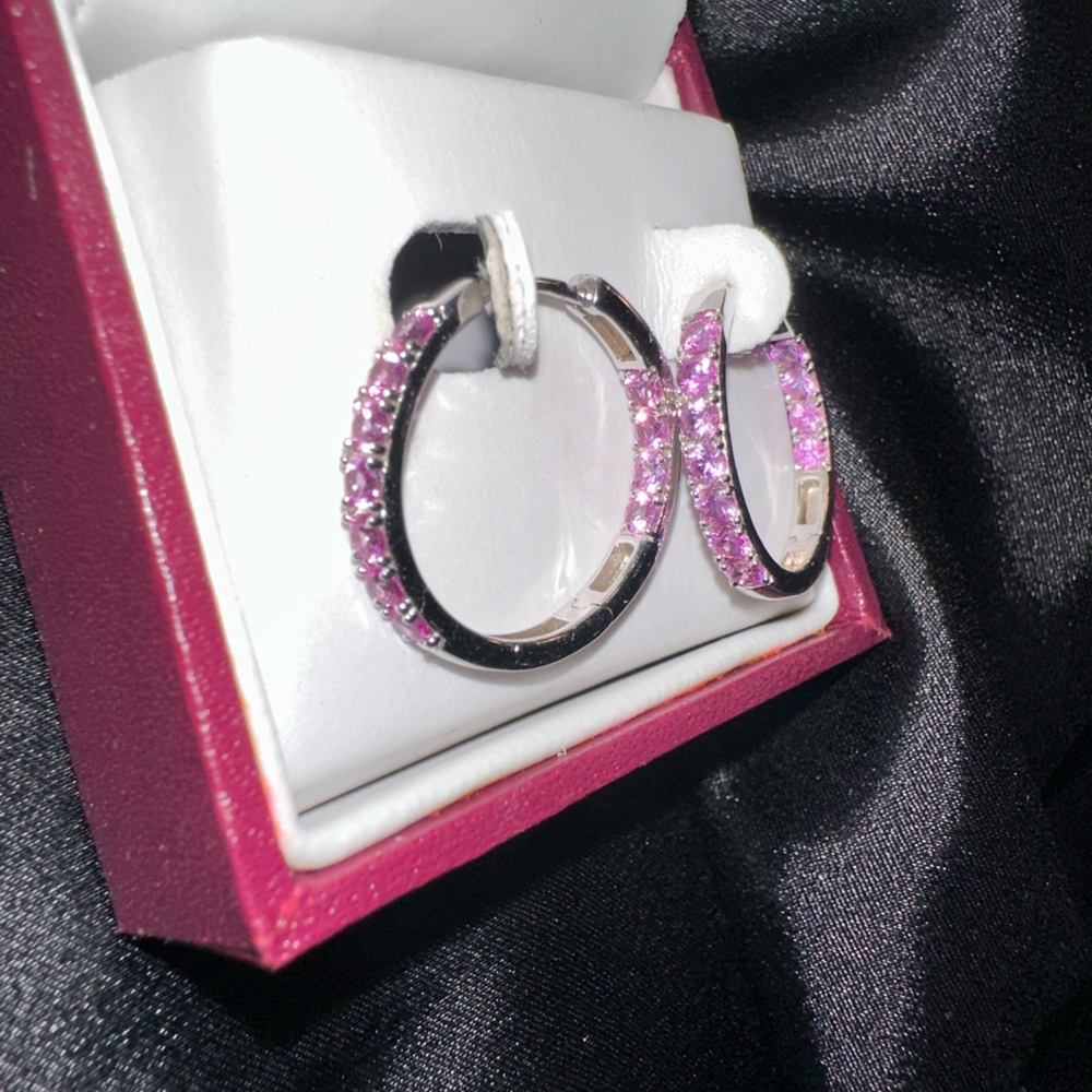 Helzberg Pink Sapphire Silver Hoop Earrings